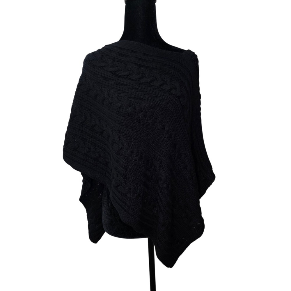 LOFT Black Cable Knit Poncho One Size Cape Sweater Boho Fall Cozy
